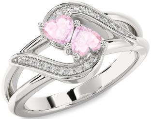 Diamond Rose Quartz Silver Two Heart Ring