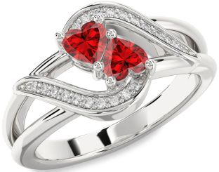 Diamond Emerald Silver Two Heart Birthstone Ring