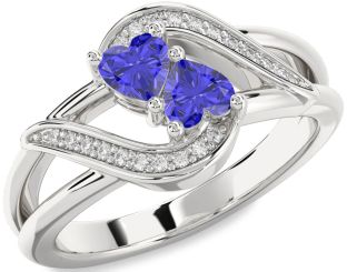 Diamond Tanzanite Silver Two Heart Ring