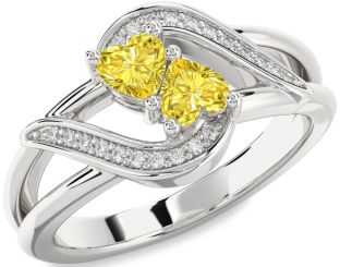 Yellow Diamond Silver Two Heart Ring