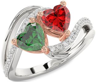 Diamond Emerald Silver & 10K Rose Gold Two Heart Birthstone Ring