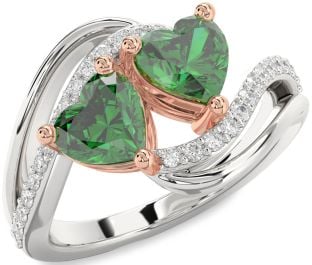 Diamond Emerald White Rose Gold Two Heart Birthstone Ring