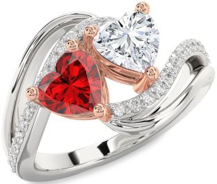 Diamond Emerald Platinum & Rose Gold Two Heart Birthstone Ring