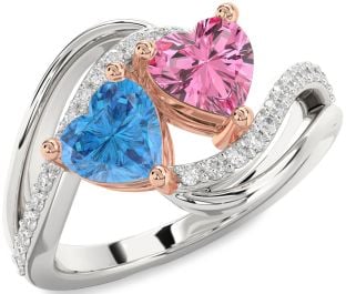Diamond Silver & 10K Rose Gold Two Heart Promise Ring