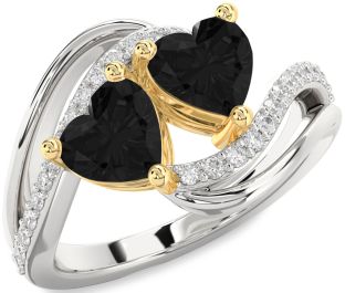 Black Diamond Gold Silver Two Heart Ring