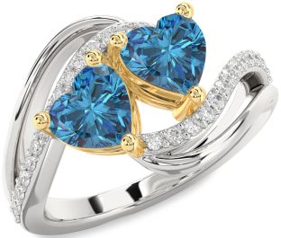 Blue Diamond Gold Silver Two Heart Ring