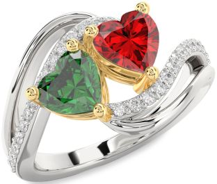Diamond Emerald Platinum & Yellow Gold Two Heart Birthstone Ring