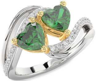 Diamond Emerald White Yellow Gold Two Heart Birthstone Ring