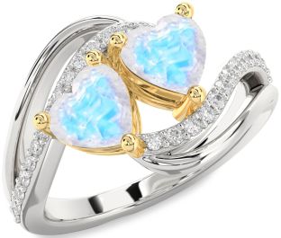Diamond Moonstone Gold Silver Two Heart Ring