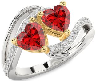 Diamond Emerald Gold Silver Two Heart Birthstone Ring