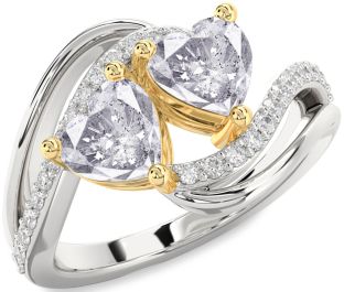 Salt & Pepper Diamond Gold Silver Two Heart Ring