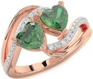 Diamond Emerald Rose Gold Two Heart Birthstone Ring