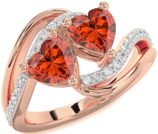 Diamond Fire Opal Rose Gold Silver Two Heart Ring
