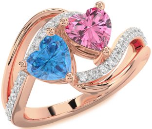 Diamond Rose Gold Silver Two Heart Promise Ring