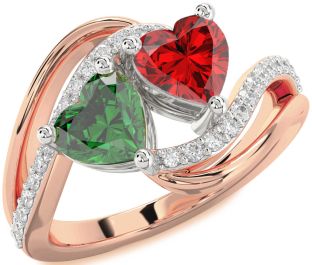 Diamond Emerald Platinum & Rose Gold Two Heart Birthstone Ring