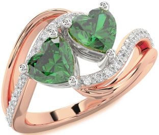 Diamond Emerald White Rose Gold Two Heart Birthstone Ring
