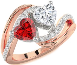 Diamond Emerald Platinum & Rose Gold Two Heart Birthstone Ring
