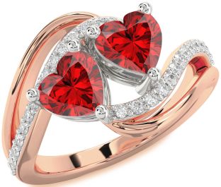 Diamond Emerald White Rose Gold Two Heart Birthstone Ring