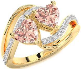 Diamond Morganite Gold Silver Two Heart Ring