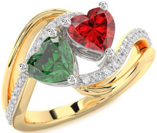 Diamond Emerald Platinum & Yellow Gold Two Heart Birthstone Ring