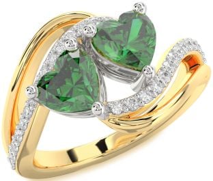 Diamond Emerald White Yellow Gold Two Heart Birthstone Ring