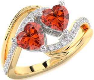 Diamond Fire Opal Gold Silver Two Heart Ring