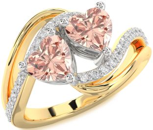 Diamond Morganite Gold Silver Two Heart Ring