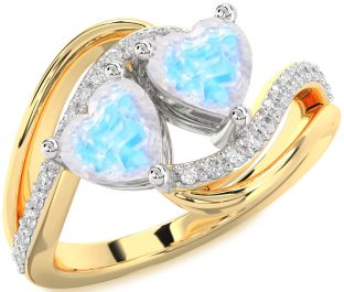 Diamond Moonstone Gold Silver Two Heart Ring