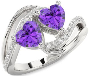 Diamond Emerald Silver Two Heart Birthstone Ring