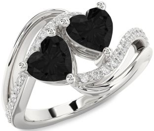 Black Diamond Silver Two Heart Ring