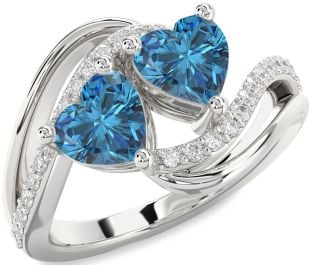 Blue Diamond Silver Two Heart Ring