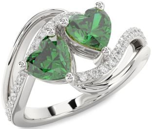 Diamond Emerald Silver Two Heart Birthstone Ring
