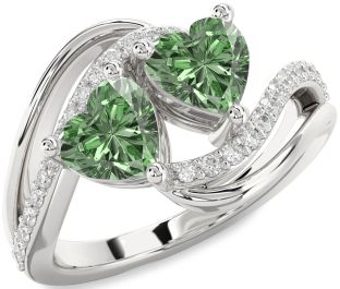 Green Diamond Silver Two Heart Ring