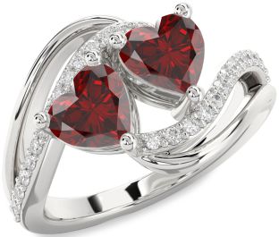 Diamond Emerald Silver Two Heart Birthstone Ring