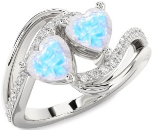 Diamond Emerald Silver Two Heart Birthstone Ring