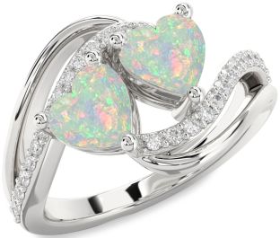 Diamond Emerald Silver Two Heart Birthstone Ring