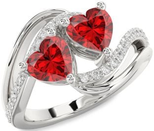 Diamond Emerald Silver Two Heart Birthstone Ring