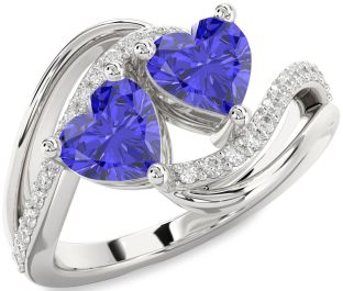 Diamond Tanzanite Silver Two Heart Ring