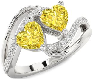 Yellow Diamond Silver Two Heart Ring