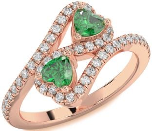 Diamond Emerald Rose Gold Infinity Two Heart Birthstone Ring