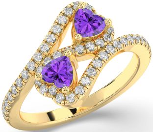 Diamond Emerald Gold Infinity Two Heart Birthstone Ring