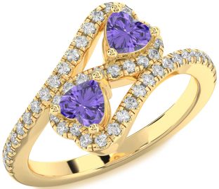 Diamond Emerald Gold Infinity Two Heart Birthstone Ring