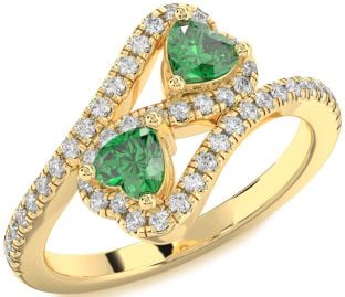 Diamond Emerald Gold Infinity Two Heart Birthstone Ring