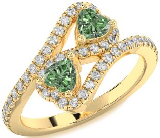 Diamond Emerald Gold Infinity Two Heart Birthstone Ring