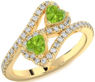 Diamond Emerald Gold Infinity Two Heart Birthstone Ring