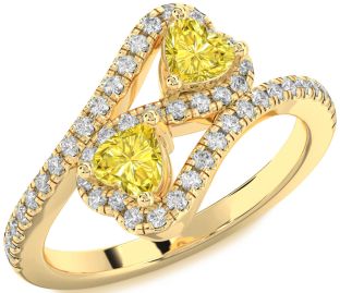 Diamond Emerald Gold Infinity Two Heart Birthstone Ring