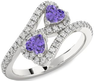 Diamond Emerald Platinum Infinity Two Heart Birthstone Ring