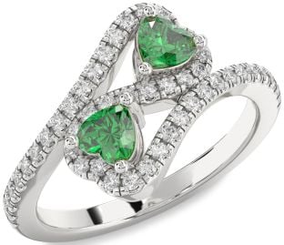 Diamond Emerald Silver Infinity Two Heart Birthstone Ring
