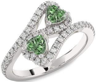 Diamond Emerald Platinum Infinity Two Heart Birthstone Ring