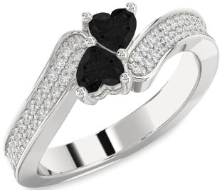 Black Diamond Silver Two Heart Ring